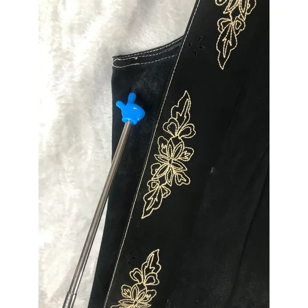 Coldwater Creek Leather Vest Womens L Black Floral Embroidered Zip Boho Western